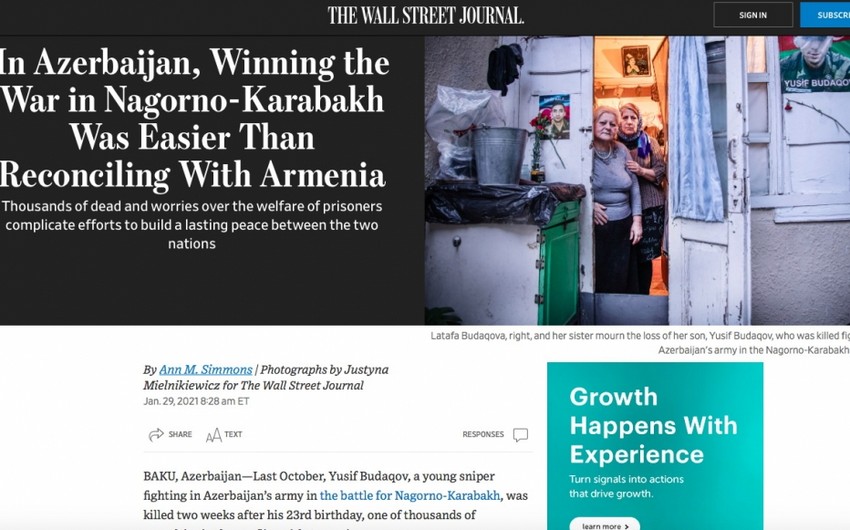 WSJ publishes article about Azerbaijan's victory in Karabakh war