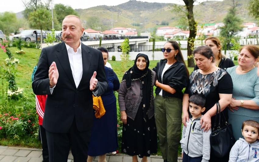 President Ilham Aliyev and First Lady Mehriban Aliyeva get familiarized with works done in village of Zabukh of Lachin and meet with villagers