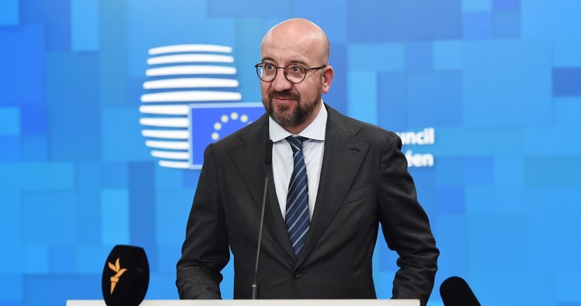 European Council President Charles Michel makes press statement following trilateral meeting