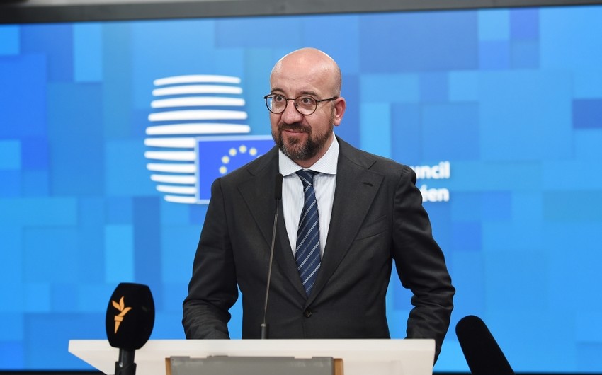 European Council President Charles Michel makes press statement following trilateral meeting