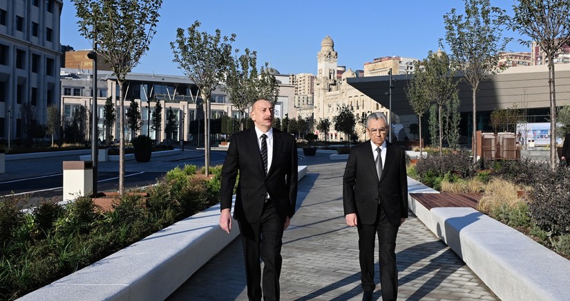 Ilham Aliyev reviews upgraded conditions following landscaping, reconstruction efforts in front of Baku Railway Station and 28 May metro station