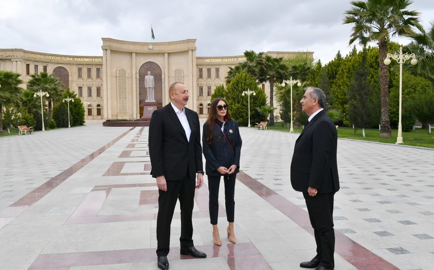 President Ilham Aliyev and First Lady Mehriban Aliyeva visit Salyan district