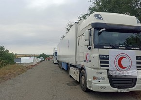 Convoy with 40 tons of humanitarian aid for Armenians of Karabakh waiting on Aghdam-Khankandi road