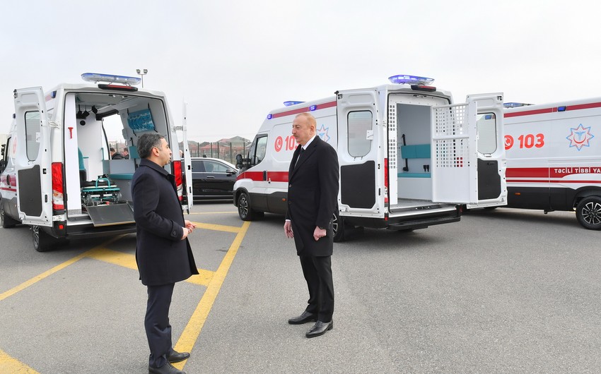 President Ilham Aliyev views newly acquired modern ambulances