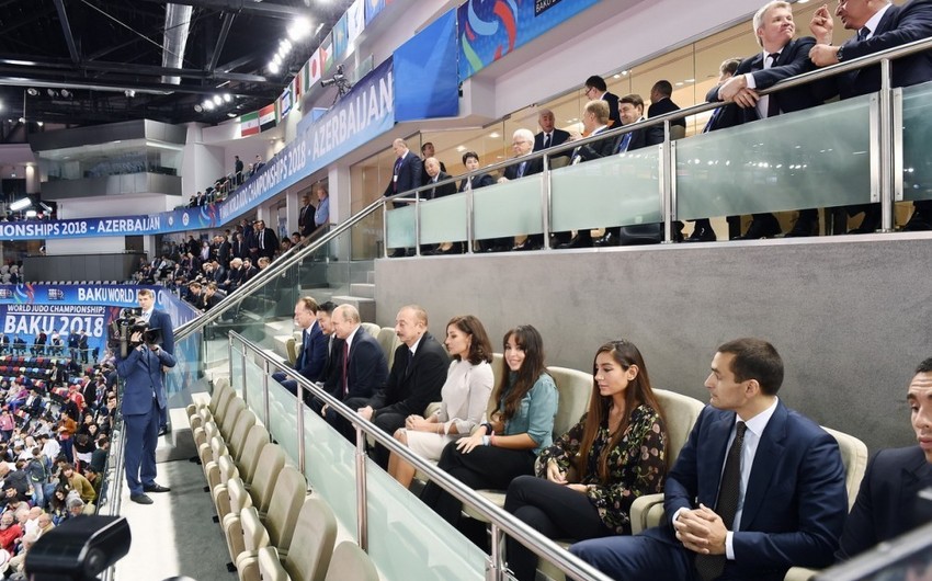 Presidents of Azerbaijan, Russia and Mongolia watching mixed team competitions in World Judo Championship