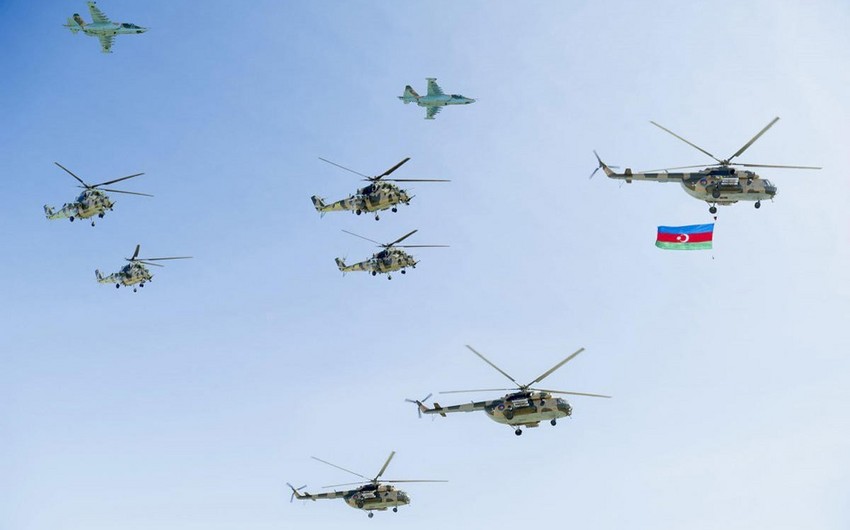 Military aircraft, helicopters conducting next flights as part of preparations for parade in Baku