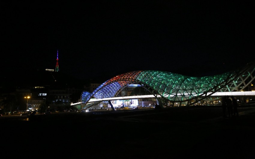 Tbilisi TV Tower, Peace Bridge illuminated with colors of Azerbaijani flag