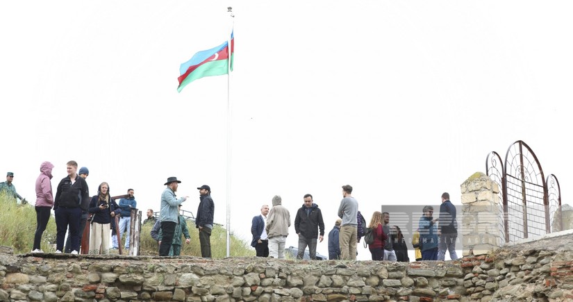 International travelers visit Khudafarin Bridge in Azerbaijan's Jabrayil