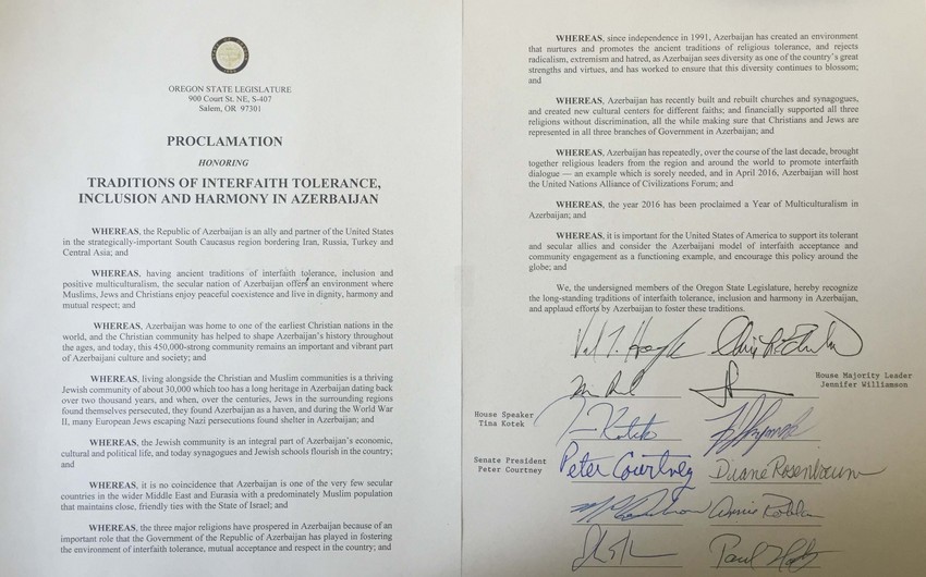 State of Oregon issues a proclamation commending interfaith tolerance traditions in Azerbaijan