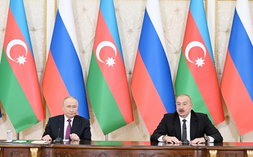 President Ilham Aliyev and President Vladimir Putin make press statements