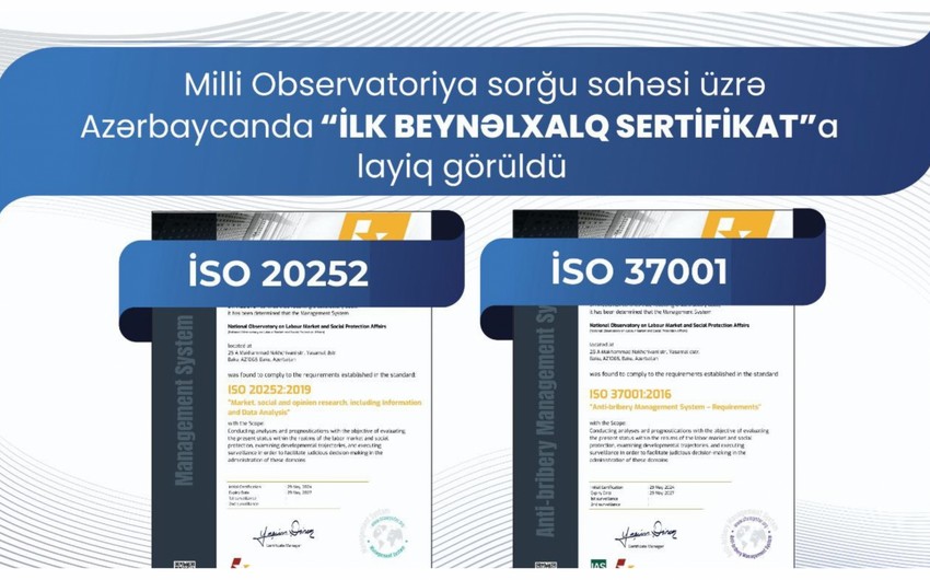 Milli Observatoriyaya daha iki İSO beynəlxalq sertifikatı təqdim edilib