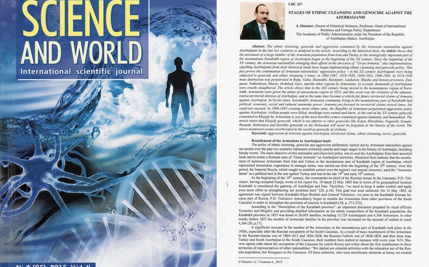 Professor Əli Həsənovun elmi məqaləsi Rusiyanın nüfuzlu “Science and world” jurnalında dərc edilib