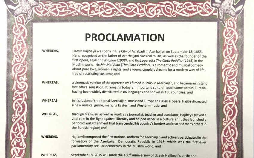Uzeyir Hajibeyli Memorial Day Proclaimed in a California City