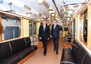 President Ilham Aliyev reviews retro carriages in Baku Metro