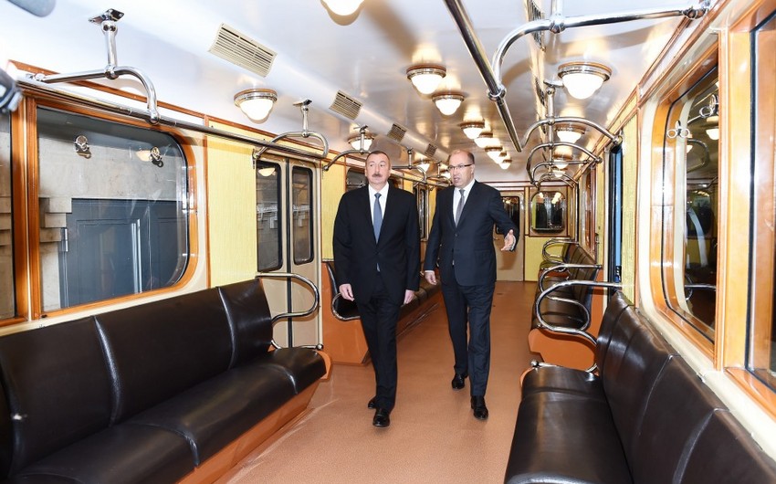 President Ilham Aliyev reviews retro carriages in Baku Metro