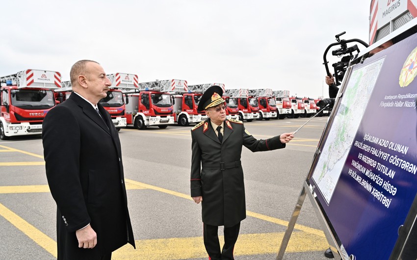 President Ilham Aliyev views newly purchased special purpose equipment and ambulances