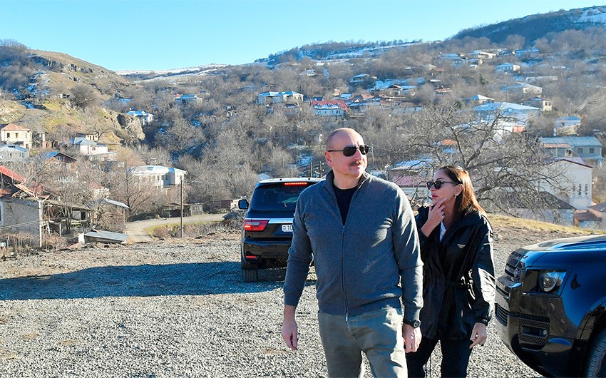 President and First Lady view village of Shushakend in Khojaly district