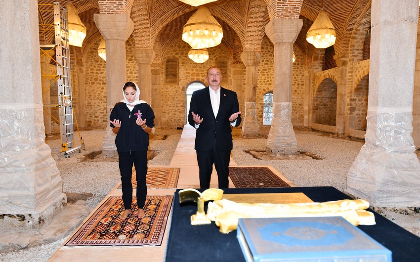Ilham Aliyev and Mehriban Aliyeva visit Yukhari Govhar Agha Mosque in Shusha 