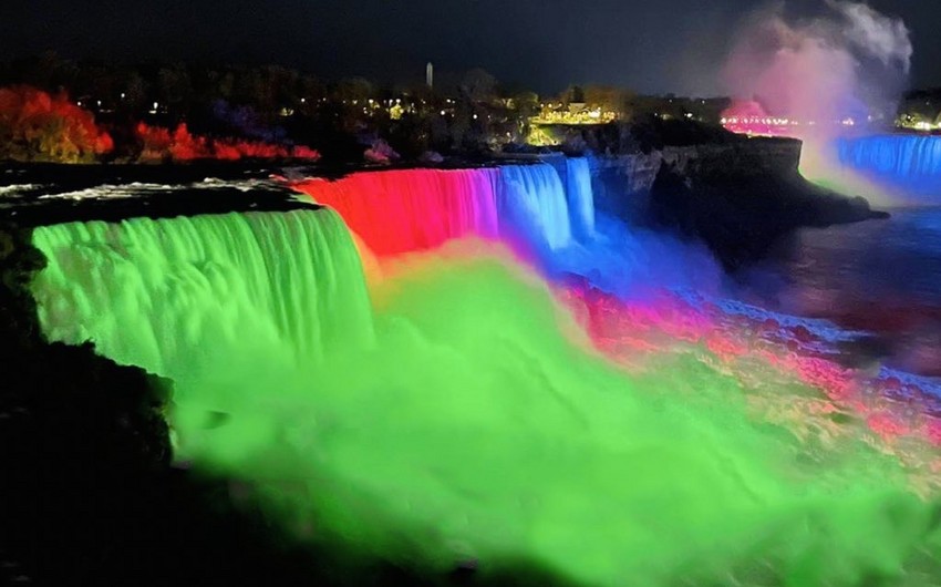 Niagara Falls lit up with colors of Azerbaijani flag