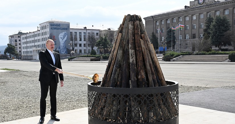 President Ilham Aliyev lights Novruz bonfire in Khankandi