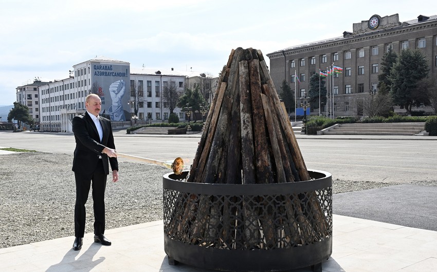 President Ilham Aliyev lights Novruz bonfire in Khankandi