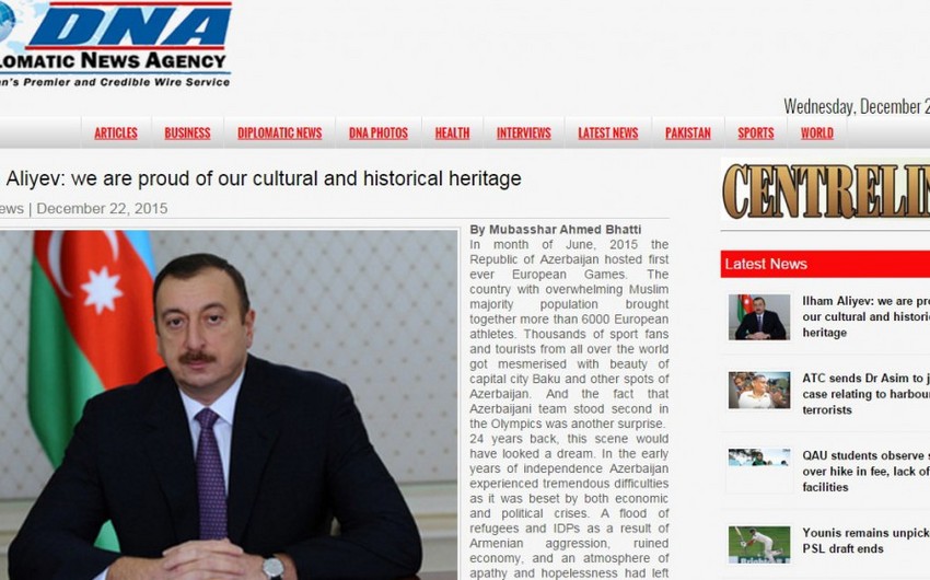Diplomatic News Agency: “Ilham Aliyev: we are proud of our cultural and historical heritage”
