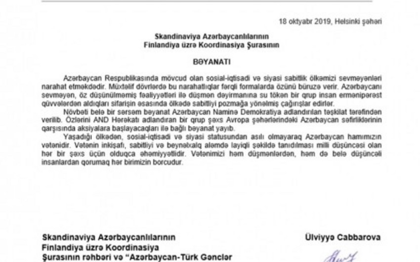 Avropadakı diaspor təşkilatları Azərbaycana qarşı təxribatçı çağırışlara etiraz edir