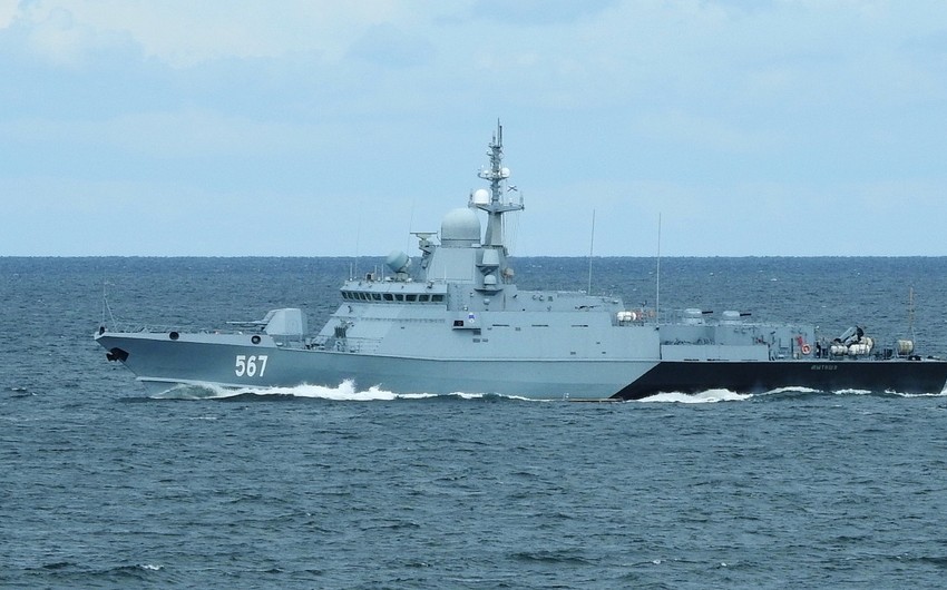 Russian warships conduct exercises in Caspian Sea