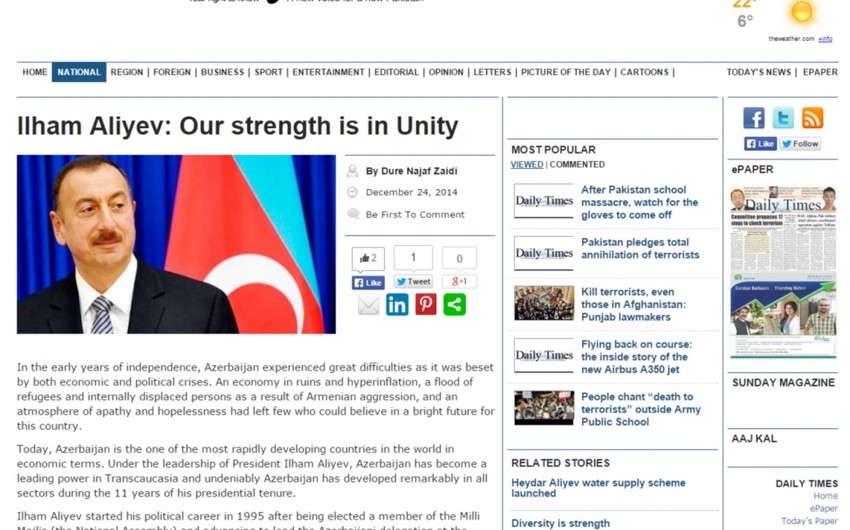“Daily Times” qəzetində “İlham Əliyev: Bizim gücümüz birliyimizdədir” adlı məqaləsi dərc olunub