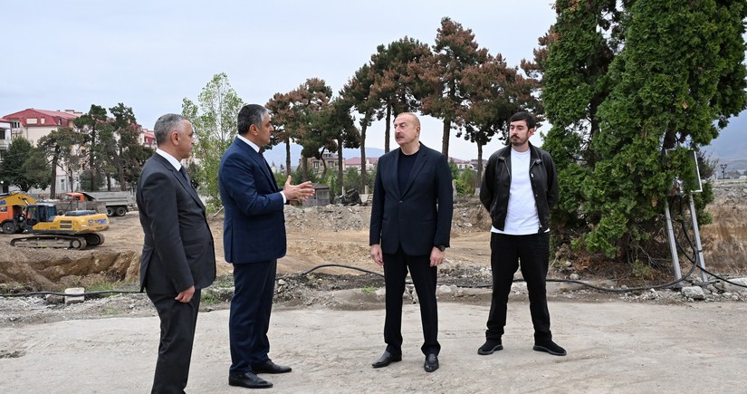 President Ilham Aliyev inspects construction progress of Convention Center at Victory Square in Khankandi