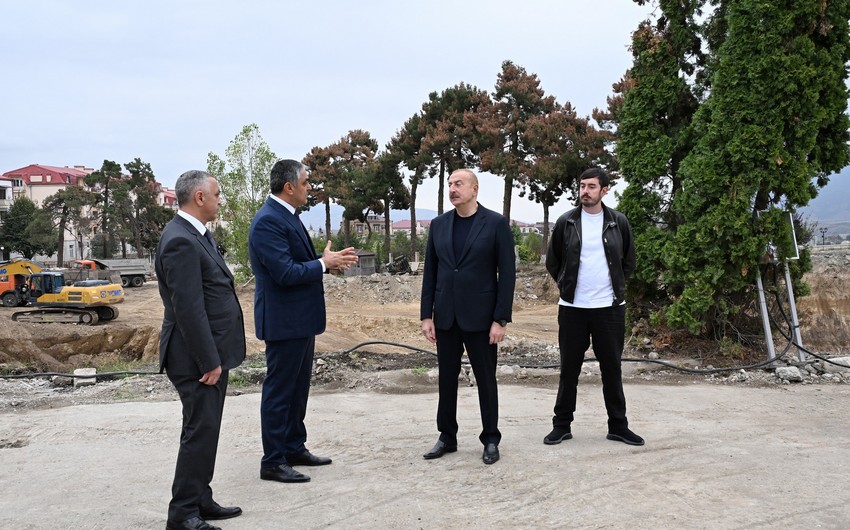 President Ilham Aliyev inspects construction progress of Convention Center at Victory Square in Khankandi