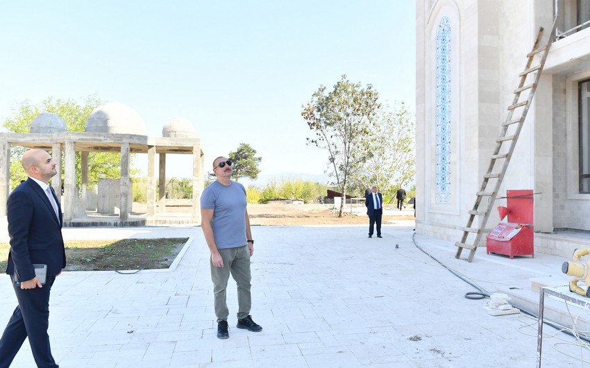 President Ilham Aliyev examines construction progress of Zangilan City Mosque build by Heydar Aliyev Foundation