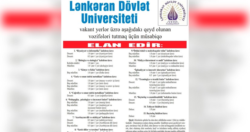 Lənkəran Dövlət Universiteti 13 kafedra üzrə vəzifələri tutmaq üçün müsabiqə elan edib