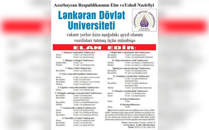 Lənkəran Dövlət Universiteti 13 kafedra üzrə vəzifələri tutmaq üçün müsabiqə elan edib