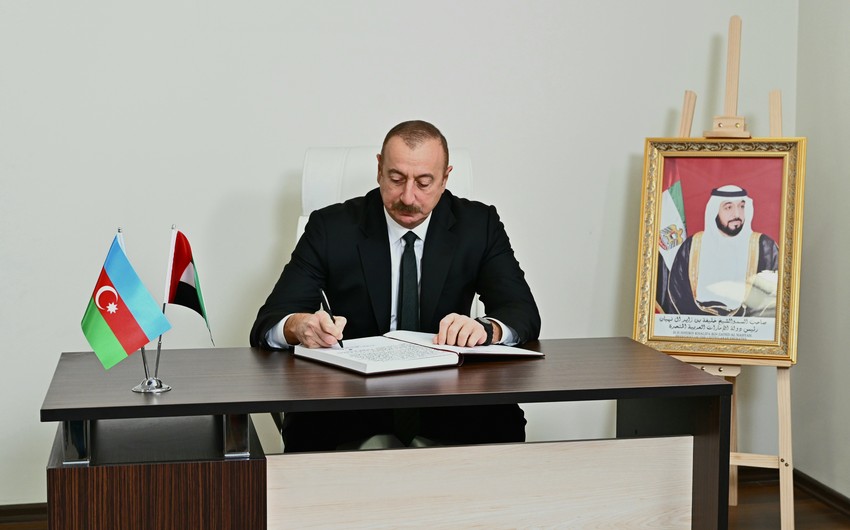 Ilham Aliyev visits UAE Embassy in Baku, expresses condolences over president's death