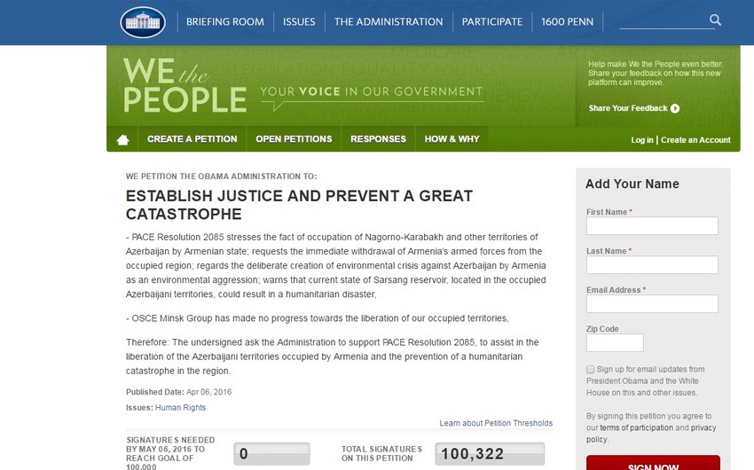 ​A petition on the White House's website with a call to establish justice in Karabakh gets 100,000 signatures