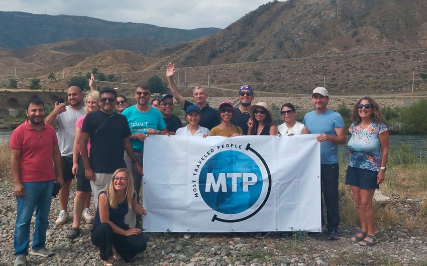 International travelers visit Khudafarin Bridge in Azerbaijan's Jabrayil