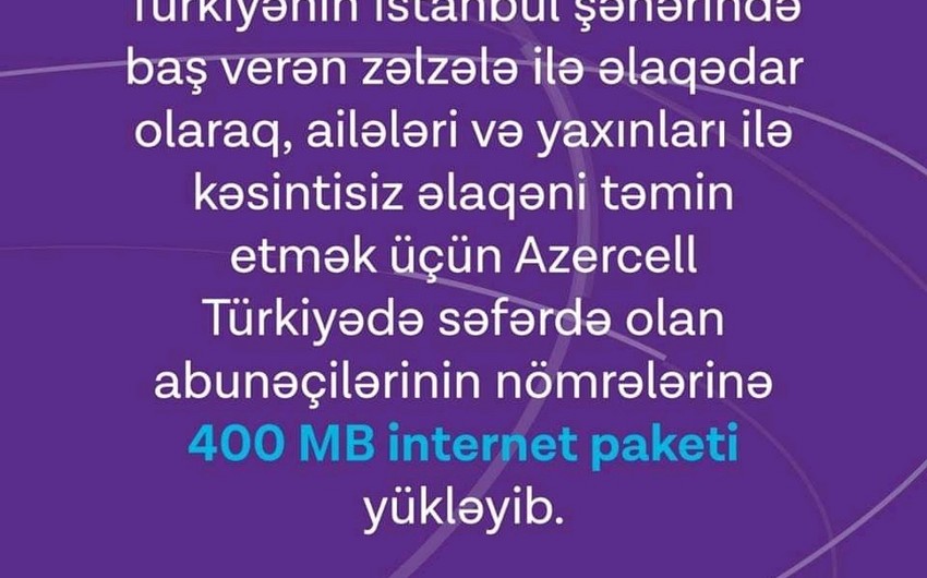 Azercell Telecom MMC Türkiyədəki abunəçilərinin nömrələrinə internet paketi yükləyib