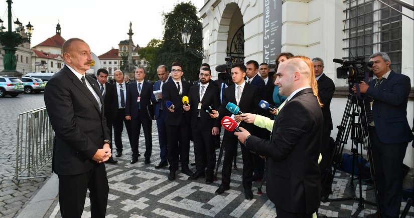 President Ilham Aliyev interviewed by Azerbaijani TV channels in Prague 
