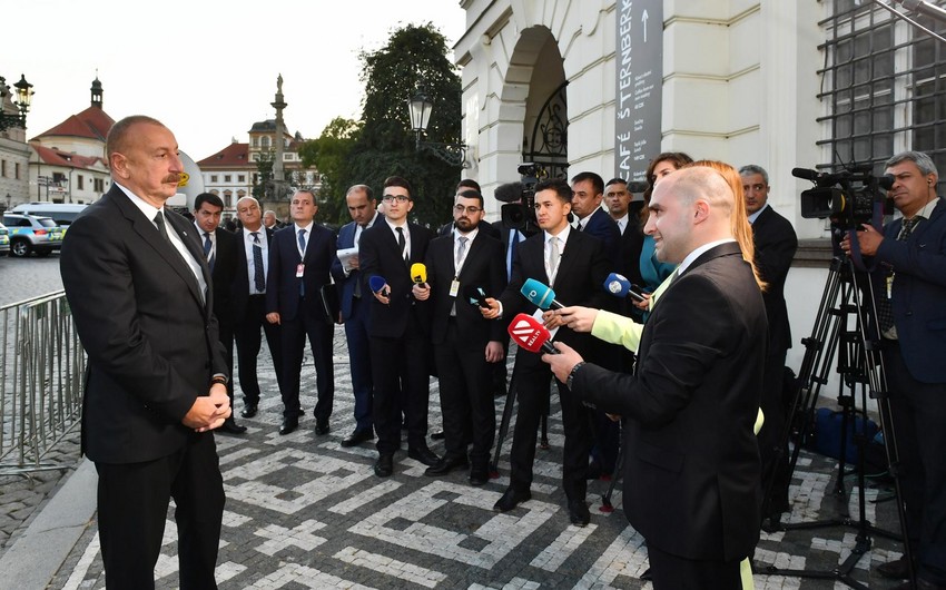 President Ilham Aliyev interviewed by Azerbaijani TV channels in Prague 