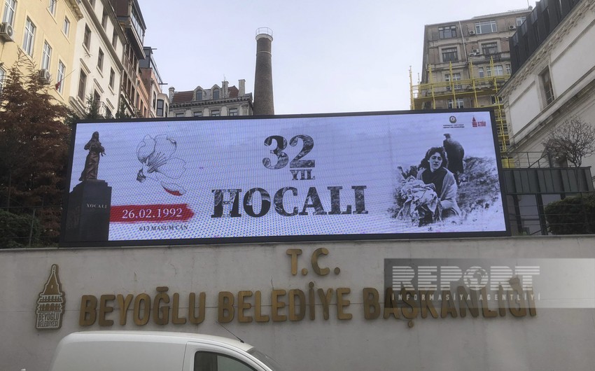 Images depicting Khojaly genocide displayed on monitors installed in Istanbul streets