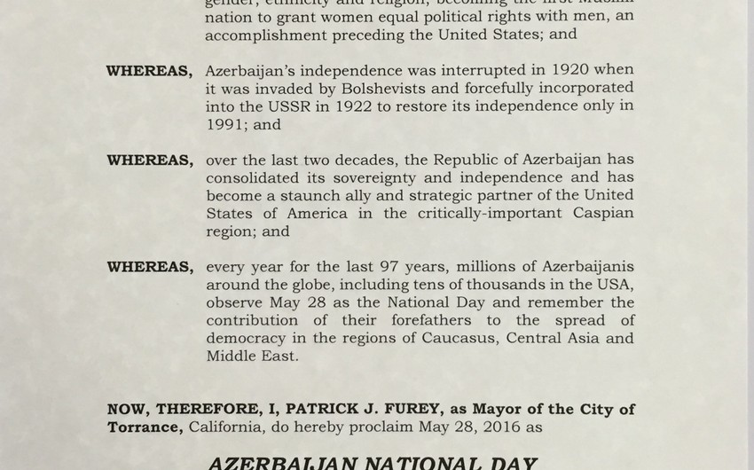 В ряде городов штата Калифорния 28 мая объявлен Азербайджанским национальным днем