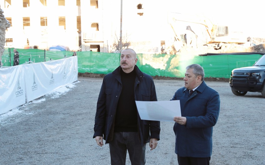 President Ilham Aliyev inspects construction and restoration work in a number of facilities in Shusha