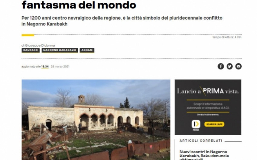 Italian news agency AGI publishes article about Azerbaijan's ghost city of Aghdam