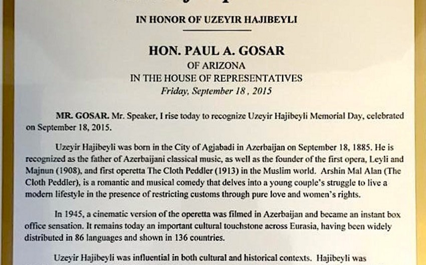Uzeyir Hajibeyli’s contributions recognized at U.S. Congress for first time