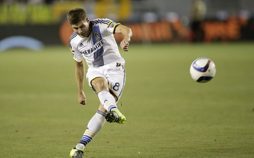 Steven Gerrard celebrates his first goal in Los Angeles Galaxy