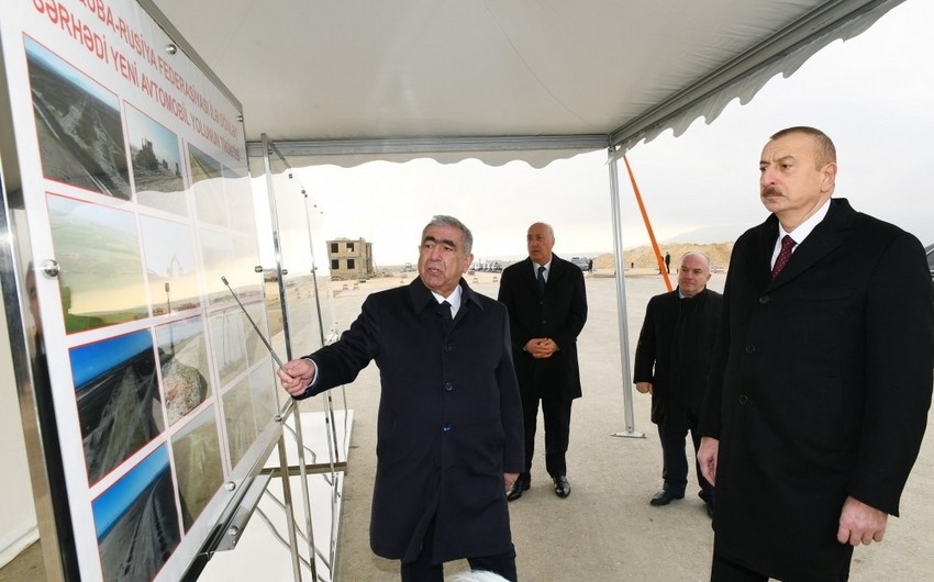 Президент ознакомился со строительством новой автодороги Баку-Губа-госграница России - ОБНОВЛЕНО - ФОТО