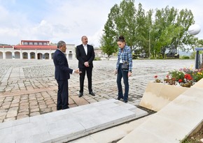 President and First Lady examine works to be carried out in front of administrative building of Special Representative Office in Shusha