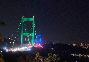 Istanbul's symbols illuminated with colors of Azerbaijani tricolor