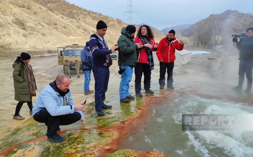 International travelers visiting Istisu springs in Azerbaijan's Kalbajar